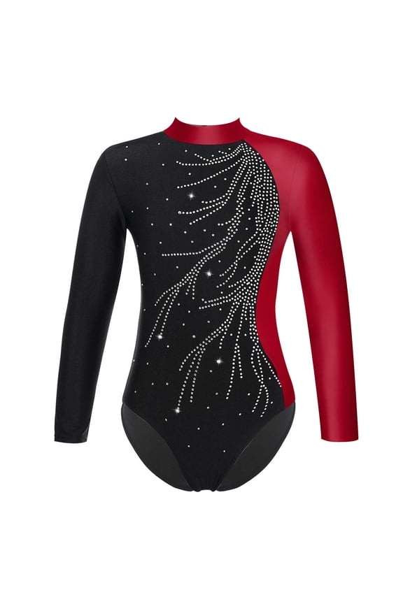 Girls Ballet Leotard Gymnastics Shiny Long Sleeve Leotards Dancing Skating Suit One Piece Burgundy 6