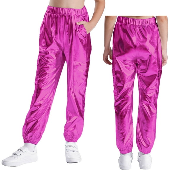 LiiYii Girls Boys Jazz Stage Performance Costume Shiny Hip Hop Street Dance Harem Pants Metallic Leggings Hot Pink 12