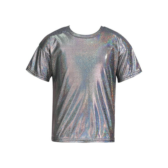 LiiYii Girls Boys Sparkly Dance Tops Short Sleeve T-Shirt Jazz Hip Hop Party Stage Performance Blouse Black 130