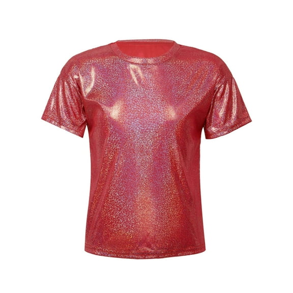 LiiYii Girls Boys Sparkly Dance Tops Short Sleeve T-Shirt Jazz Hip Hop Party Stage Performance Blouse Red 170