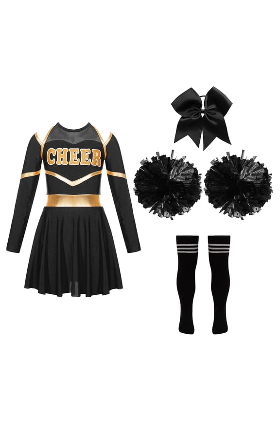 Girls Cheer Leader Outfits Cheerleading Uniform Long Sleeve Leotard Dress with Pom Poms A Black&White 12