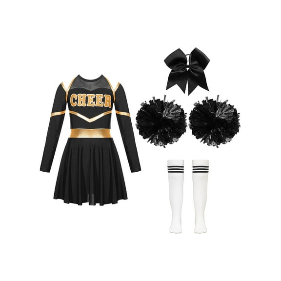 LiiYii Girls Cheer Leader Outfits Cheerleading Uniform Long Sleeve Leotard Dress with Pom Poms A White&Black 8