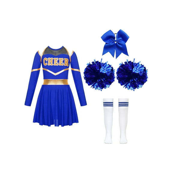 LiiYii Girls Cheer Leader Outfits Cheerleading Uniform Long Sleeve Leotard Dress with Pom Poms B Blue 6
