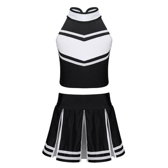 LiiYii Girls Cheerleading Stage Outfit Sleeveless Zippered Tops with Pleated Skirt Set for School Party Black 8
