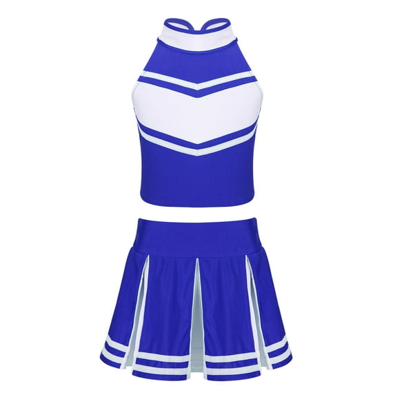 LiiYii Girls Cheerleading Stage Outfit Sleeveless Zippered Tops with Pleated Skirt Set for School Party Blue&White 8