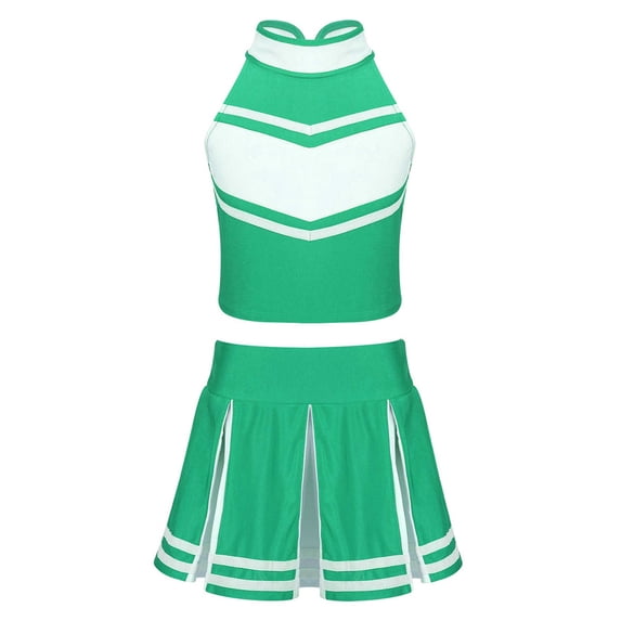 LiiYii Girls Cheerleading Stage Outfit Sleeveless Zippered Tops with Pleated Skirt Set for School Party Green 10