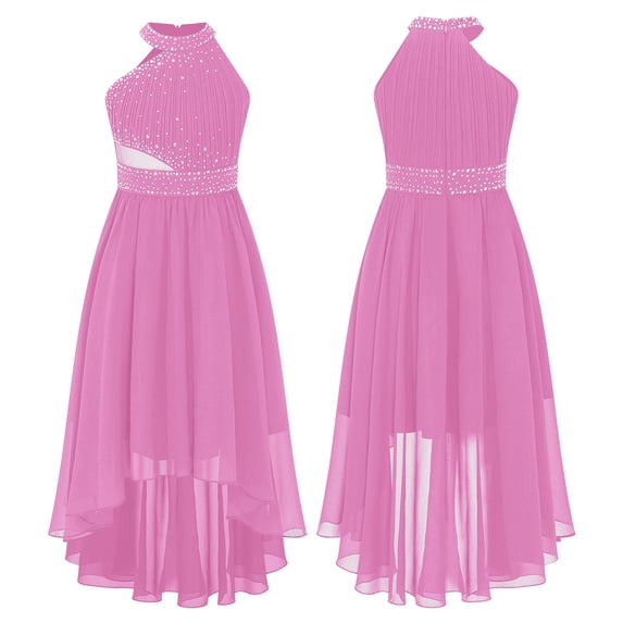 LiiYii Girls High Low Dress Halter Sleeveless Wedding Pageant Party Ruched Chiffon Formal Flower Pink 8