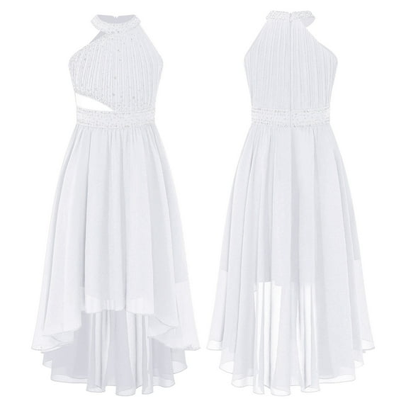 LiiYii Girls High Low Dress Halter Sleeveless Wedding Pageant Party Ruched Chiffon Formal Flower White 10