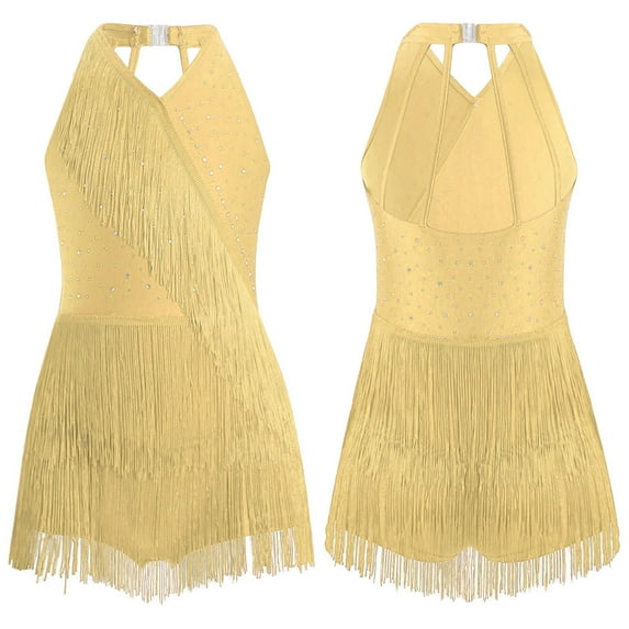 LiiYii Girls Kids Fringe Latin Dance Dress Halter Neck Sleeveless Dress Leotard Dancer Sparkly Tassel Outfit Yellow 12