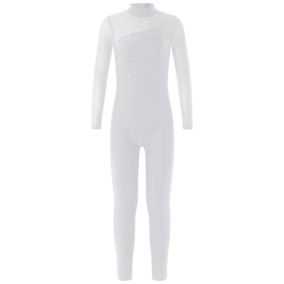 LiiYii Girls Kids One Piece Dance Unitard Long Sleeve Skating Jumpsuit Bodysuit Full Body Gymnastics White 16