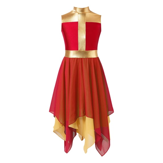LiiYii Girls Kids Sleeveless Ballet Praise Lyrical Dress Color Block Modern Contemporary Ballroom Red 10