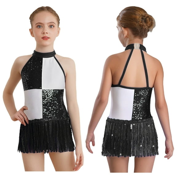 LiiYii Girls Latin Dance Bodysuit Shiny Sequins Halter Tassel Leotard Sleeveless Color Block Fringed Dress Black 8
