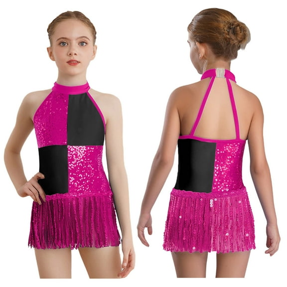 LiiYii Girls Latin Dance Bodysuit Shiny Sequins Halter Tassel Leotard Sleeveless Color Block Fringed Dress Hot Pink 16