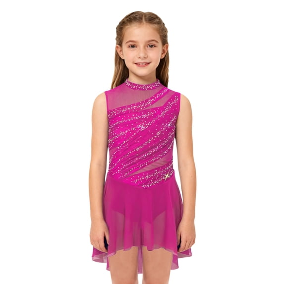 LiiYii Girls Latin Jazz Lyrical Dance Dress Ballroom Dancewear Ballerina Outfits High-Low Hem Tutu Skirt Hot Pink 16