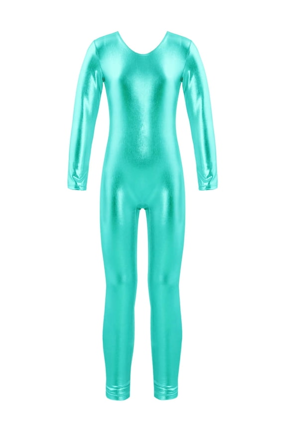 Girls Long Sleeves Shiny Metallic Ballet Dance Tank Leotard Unitard Jumpsuit Catsuit Lake Green 14