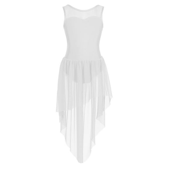 LiiYii Girls Lyrical Dance Dress Sleeveless High-Low Hem Tulle Skirt Leotard for Ballet Modern White 10