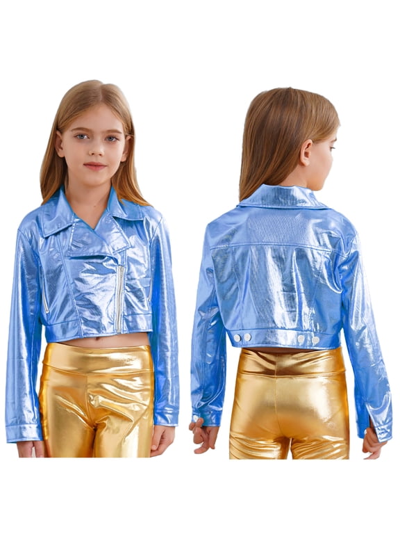 Girls Metallic Jacket Kids Motorcycle Biker Coat Long Sleeve Modern Hip Hop Jazz Dance Tops Outwear Blue 16