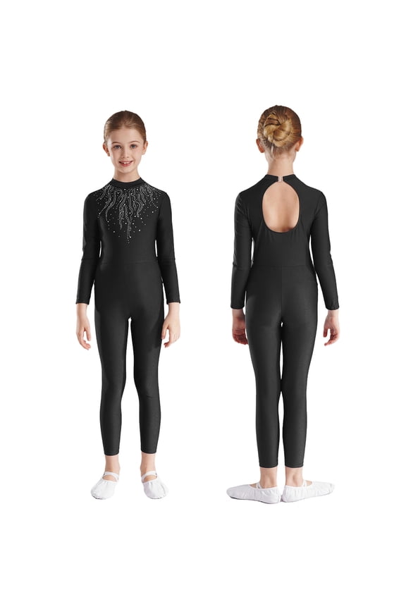 Girls One Piece Gymnastic Leotard Long Sleeve Tank Unitard Full Length Bodysuit Active Catsuit Black 14