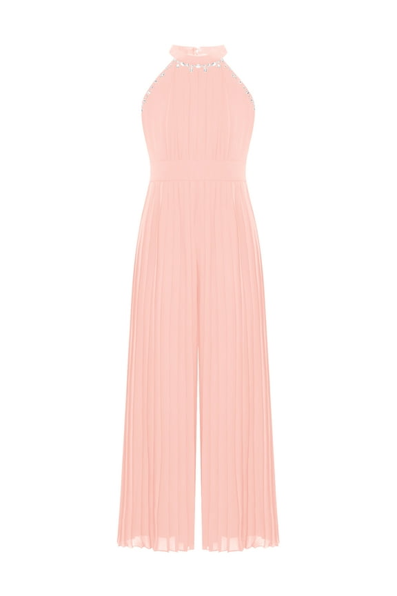 Girls Rhinestone Pleated Halter Jumpsuit Sparkly Romper Prom Party Bodysuit Playsuit Dance Pink 8