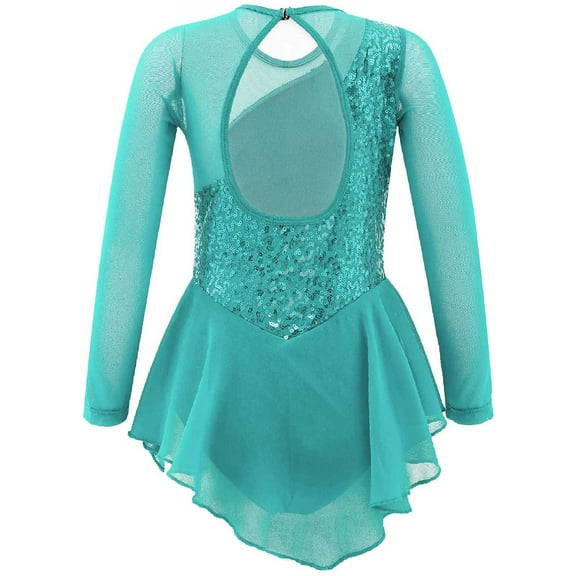 LiiYii Girls Sequin Gymnastic Leotard Dress Keyhole Back Figure Skating Ruffle Wrap Skirt Ballet Dancewear Mint Green 8