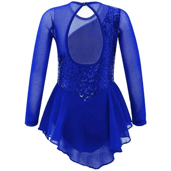LiiYii Girls Sequin Gymnastic Leotard Dress Keyhole Back Figure Skating Ruffle Wrap Skirt Ballet Dancewear Royal Blue 10