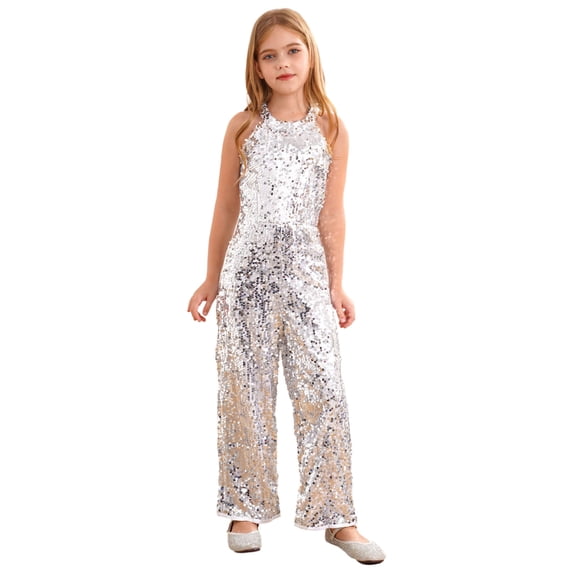 LiiYii Girls Sequin Pageant Jumpsuit High Neck Romper Wide Leg Pants Party Dance Prom Silver 6