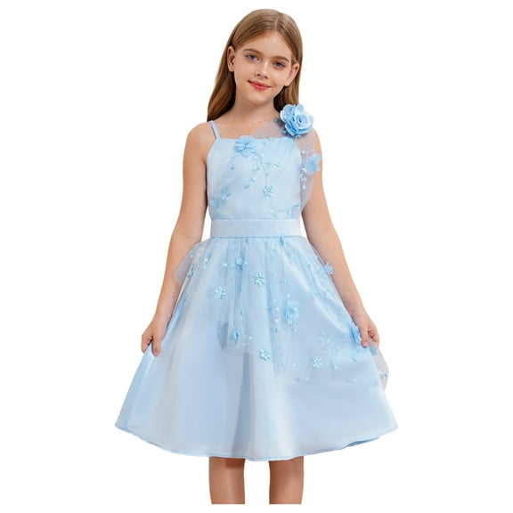 LiiYii Girls Sequin Tulle Mesh Dress Ruffle Birthday Party Tutu Formal Dress A Line Wedding Pageant Light Blue 14