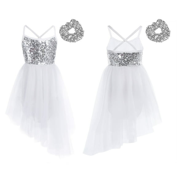 LiiYii Girls Sequins Camisole Lyrical Dance Dress Kids Sleeveless Ballet Dance Leotard with Hair Tie Ivory XXL