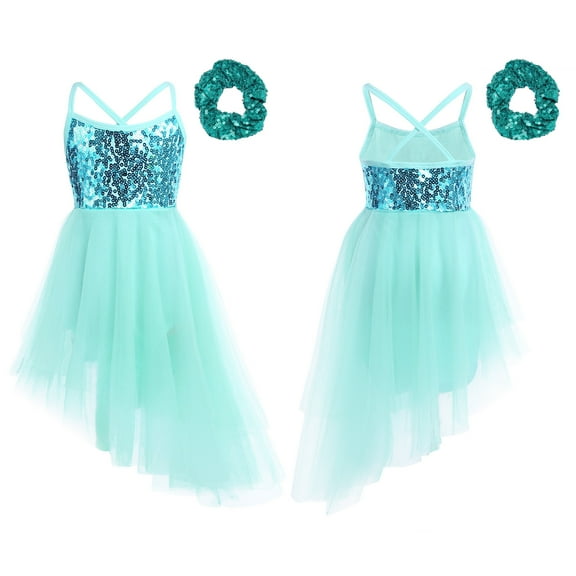 LiiYii Girls Sequins Camisole Lyrical Dance Dress Kids Sleeveless Ballet Dance Leotard with Hair Tie Mint Green S