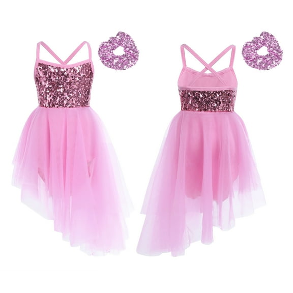 LiiYii Girls Sequins Camisole Lyrical Dance Dress Kids Sleeveless Ballet Dance Leotard with Hair Tie Pink S
