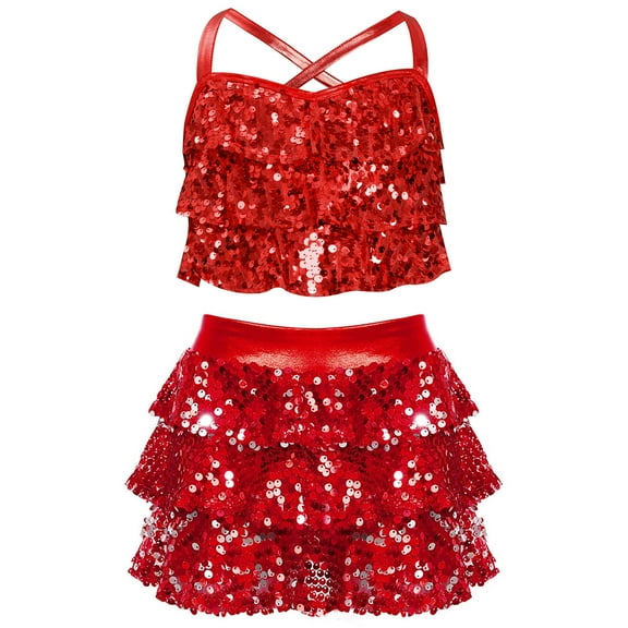 LiiYii Girls Sequins Dance Outfit Set 2 Piece Sparkly Crop Top with Skirt Jazz Latin Ballroom Dancewear Red 14