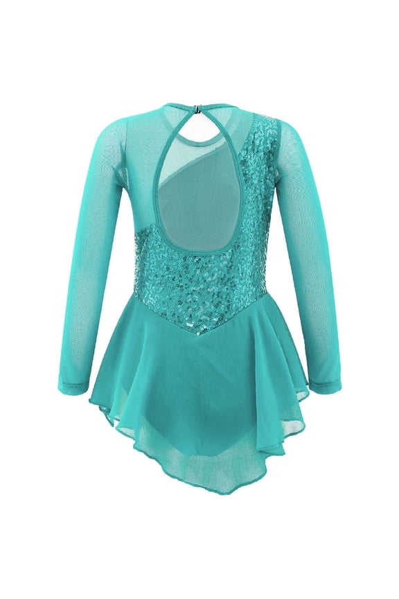 Girls Shiny Mock Neck Mesh Spliced Figure Ice Skating Dress Competition Dance Costumes Leotard Mint Green 4