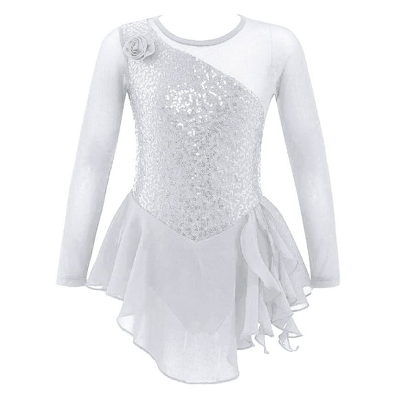 LiiYii Girls Shiny Mock Neck Mesh Spliced Figure Ice Skating Dress Competition Dance Costumes Leotard White 8