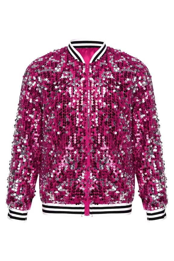 Girls Shiny Sequins Bomber Jacket Long Sleeve Lightweight Sparkle Jackets Baseball Dance Coat Hot Pink 6