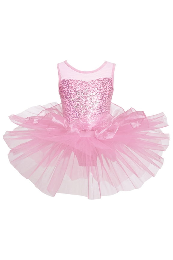Girls Shiny Sequins Sleeveless Ballet Leotard Dress Tutu Skirt Princess Costumes Pink 3T