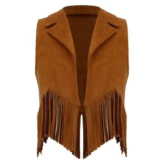 LiiYii Girls Suede Cowgirl Vest Kids Sleeveless Western Cowboy Open Front Waistcoat Tops Cowgirl Outfit Brown 6