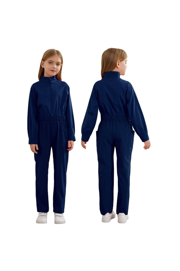 Girls Zipper Front Jumpsuit Coveralls Straight Leg Cargo Pant Mechanic Boiler Suit One Piece Rompers Navy Blue 6