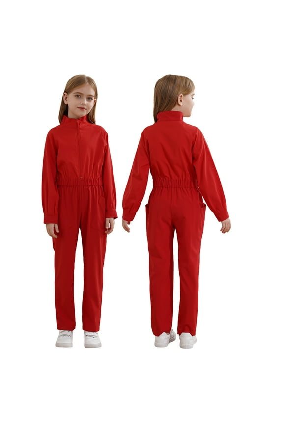 Girls Zipper Front Jumpsuit Coveralls Straight Leg Cargo Pant Mechanic Boiler Suit One Piece Rompers Red 6
