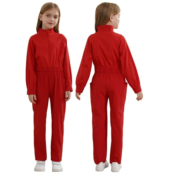 LiiYii Girls Zipper Front Jumpsuit Coveralls Straight Leg Cargo Pant Mechanic Boiler Suit One Piece Rompers Red 8