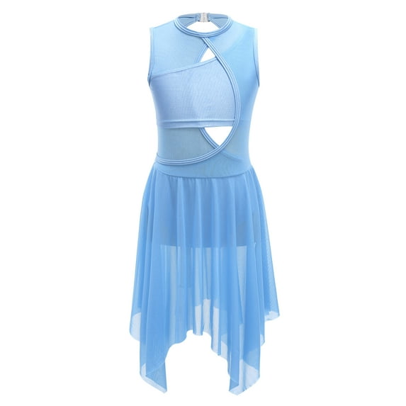 LiiYii Girlss Lyrical Dance Dress Sleeveless Hollow Back Irregular Mesh Skirt Modern Contemporary Light Blue 14