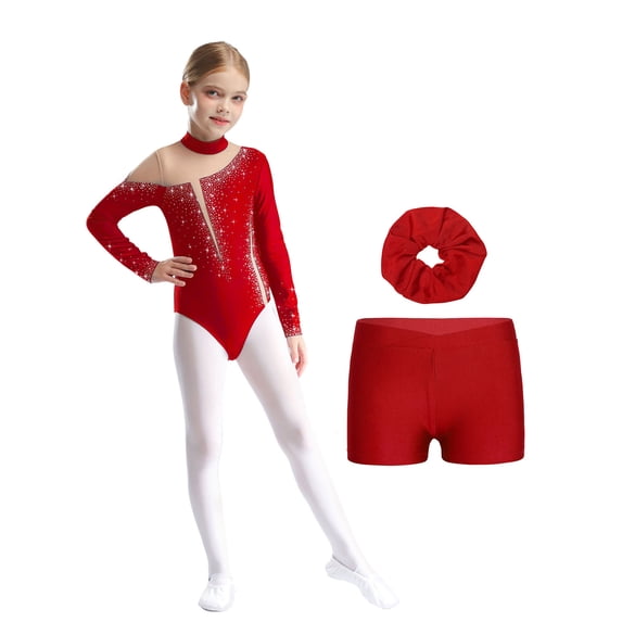 LiiYii Gymnastics Leotards for Girls Dance Outfit Tumbling Biketard 3 Piece Activewear Matching Shorts Set B Burgundy 10
