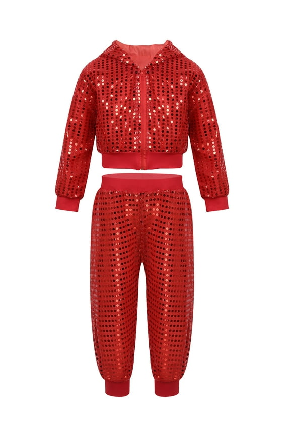 Kids Boys Girls Sequins Hip-hop Jazz Latin Street Dance Costume Jacket with Pants 2pcs Red 130