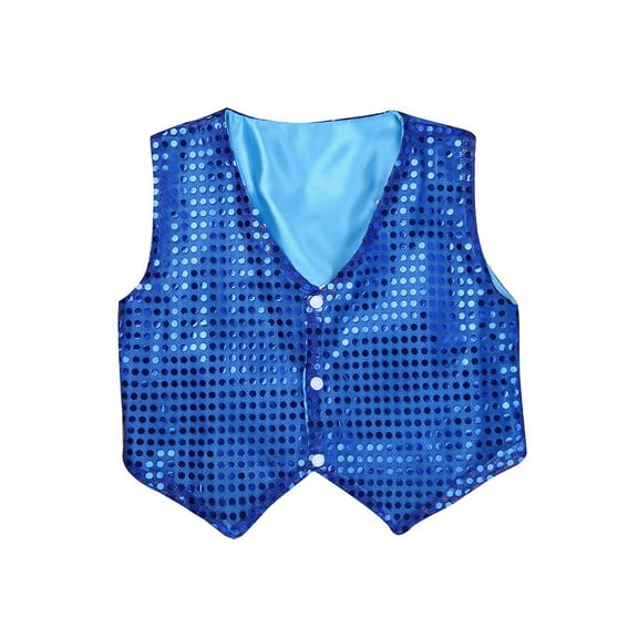LiiYii Kids Boys Girls Sparkly Sequins Waistcoat Button Down Vest Jacket Hip Hop Jazz Dance Choir Blue 120