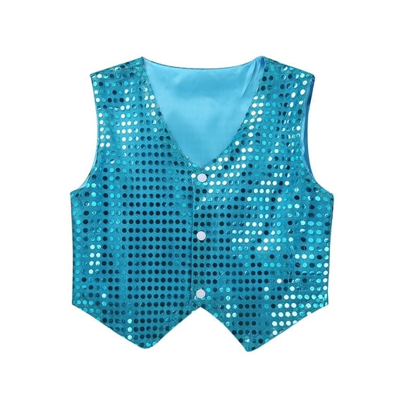 LiiYii Kids Boys Girls Sparkly Sequins Waistcoat Button Down Vest Jacket Hip Hop Jazz Dance Choir Light Blue 170