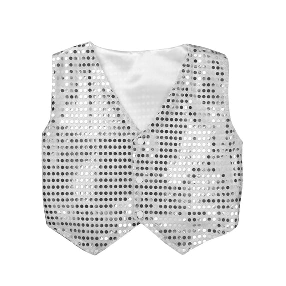 LiiYii Kids Boys Girls Sparkly Sequins Waistcoat Button Down Vest Jacket Hip Hop Jazz Dance Choir Silver 130