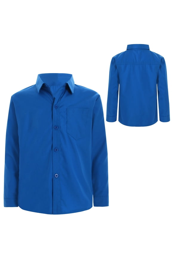 Kids Boys Long Sleeve Button Down Dress Shirt Formal Uniform Turn Down Collar Tops Solid Color Blouse Blue 11-12