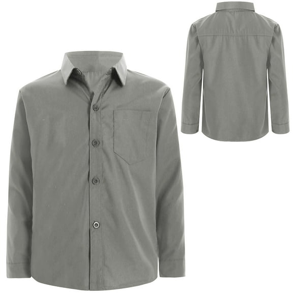 LiiYii Kids Boys Long Sleeve Button Down Dress Shirt Formal Uniform Turn Down Collar Tops Solid Color Blouse Gray 11-12