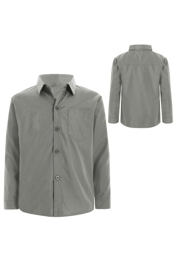 Kids Boys Long Sleeve Button Down Dress Shirt Formal Uniform Turn Down Collar Tops Solid Color Blouse Gray 11-12