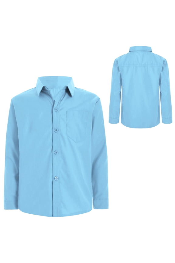 Kids Boys Long Sleeve Button Down Dress Shirt Formal Uniform Turn Down Collar Tops Solid Color Blouse Light Blue 11-12