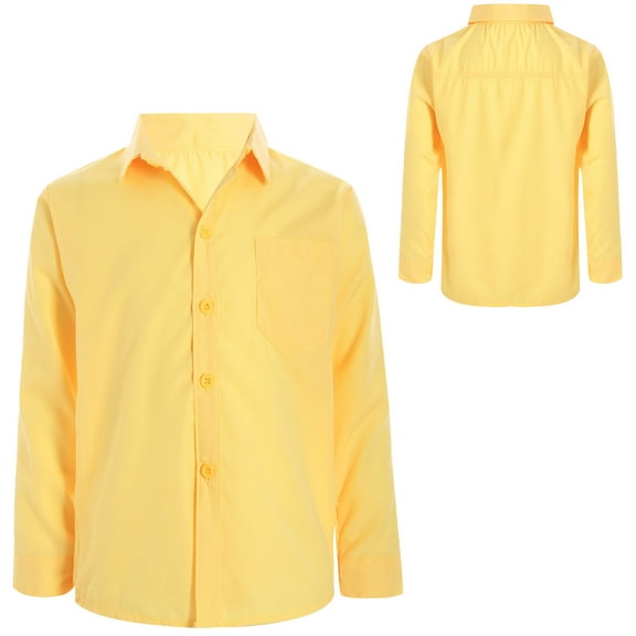LiiYii Kids Boys Long Sleeve Button Down Dress Shirt Formal Uniform Turn Down Collar Tops Solid Color Blouse Yellow 9-10